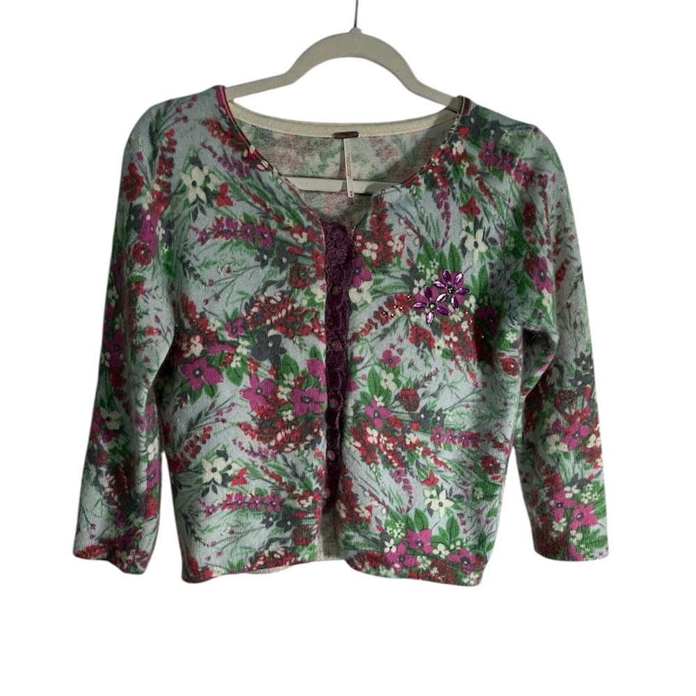 Free People Floral Cardigan with Pink and Green Accents